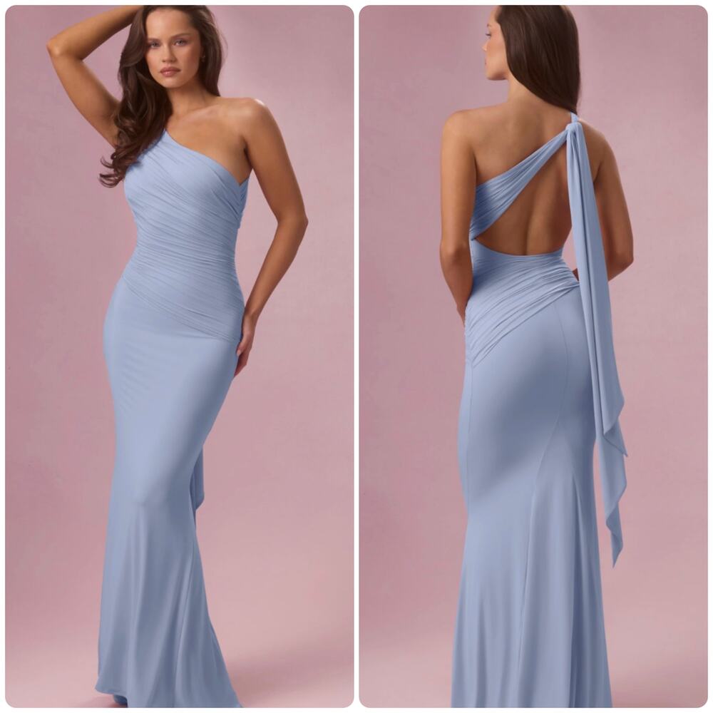 Oh Polly Annelise Premium Jersey One Shoulder Gown Maxi Dress Powder Blue XS New